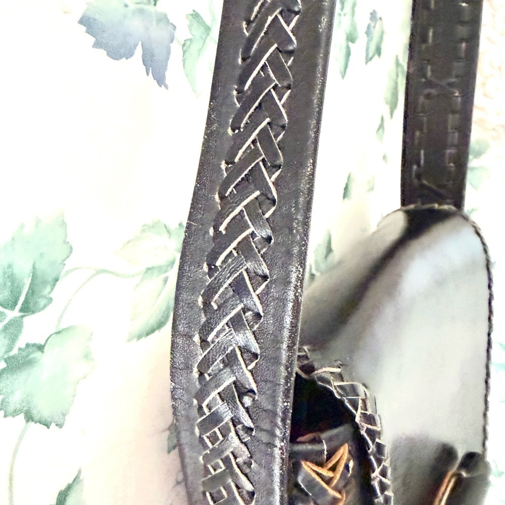 Vintage Black Leather Shoulder Bag Woven Trim Boho Western Style Purse - Picture 5 of 6